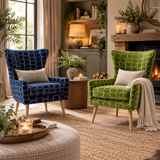 Two patterned armchairs in a cozy living room setting, one in navy blue and one in green, both with cream boucle pillows and light wood legs, styled around a fireplace and coffee table.
