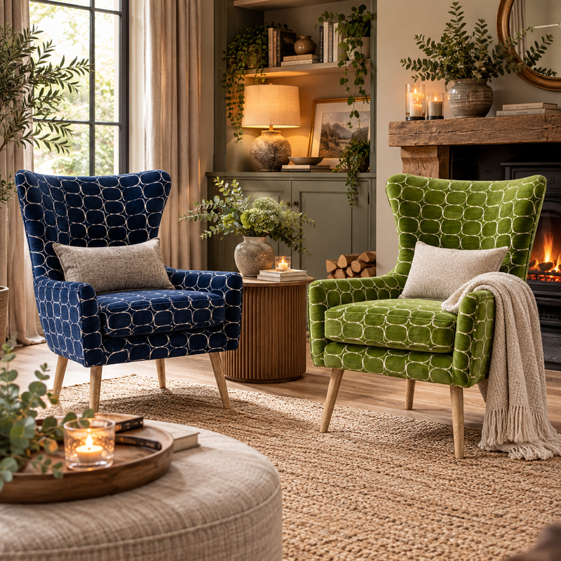 OSWALD VELVET WINGBACK CHAIR – BLUE OR GREEN by Voyage Maison