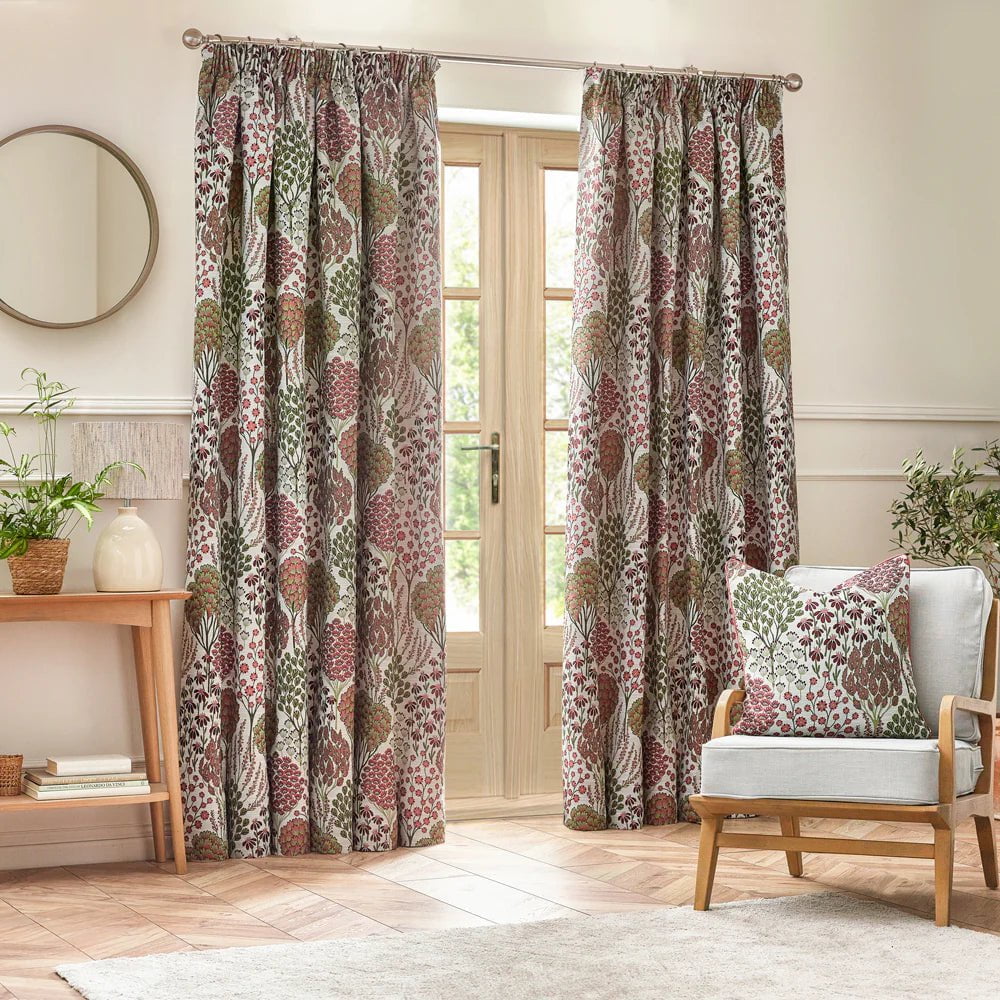 Paoletti Curtains Ophelia Floral Jacquard Pencil Pleat Curtains in Rednut- 229 x 229cm (90 in x 90in)