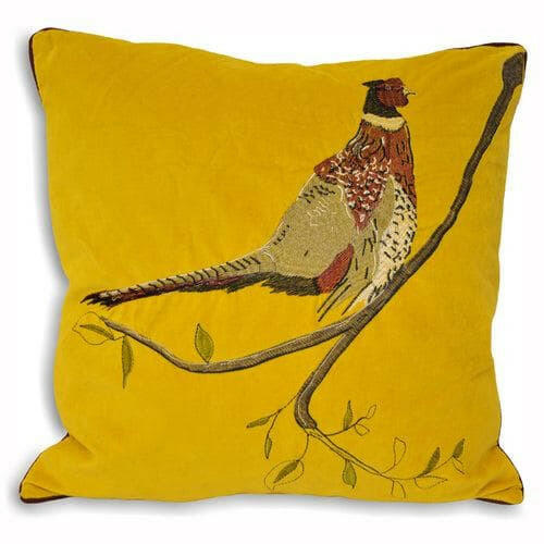 PREMIUM HUNTER VELVET PHEASANT FEATHER-FILLED CUSHION – MUSTARD OR GREEN | Paoletti