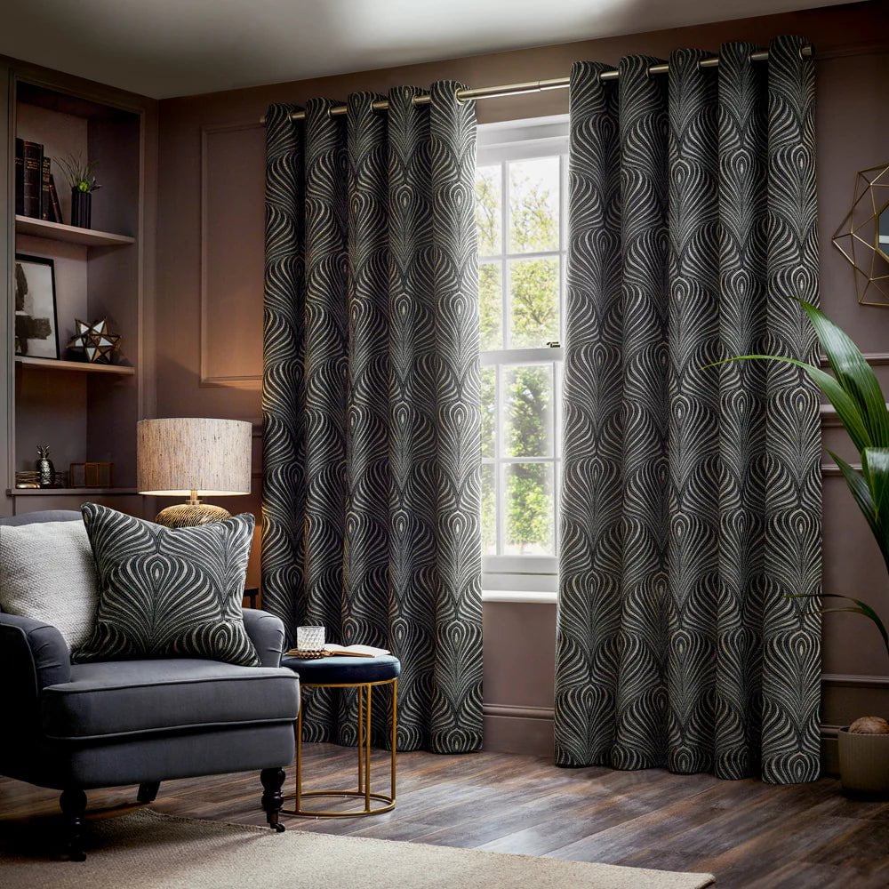 Paoletti Gatsby Jacquard Eyelet Curtains in Black - 229 x 229cm (90 in x 90in)