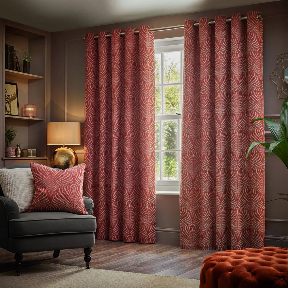 Paoletti Gatsby Jacquard Eyelet Curtains in Terracotta - 229 x 229cm (90 in x 90in)