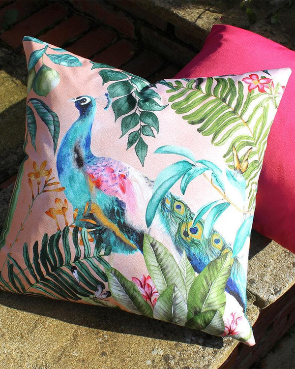 Peacock Outdoor Cushion Blush by Evans Lichfield