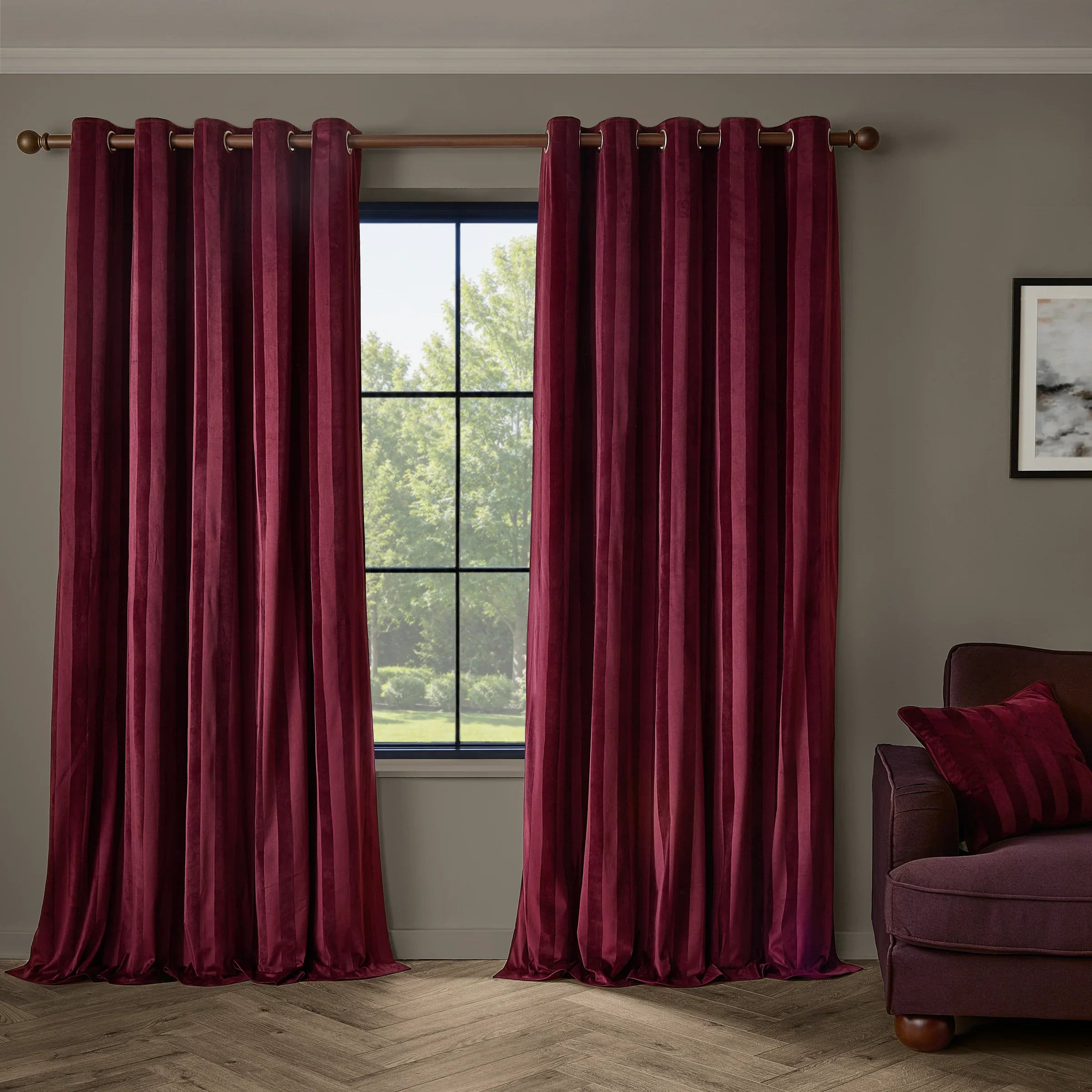 Paoletti (Riva Home) Curtains 168cm x 183cm / Burgundy REGENCY STRIPE VELVET FULLY LINED EYELET CURTAINS by Paoletti