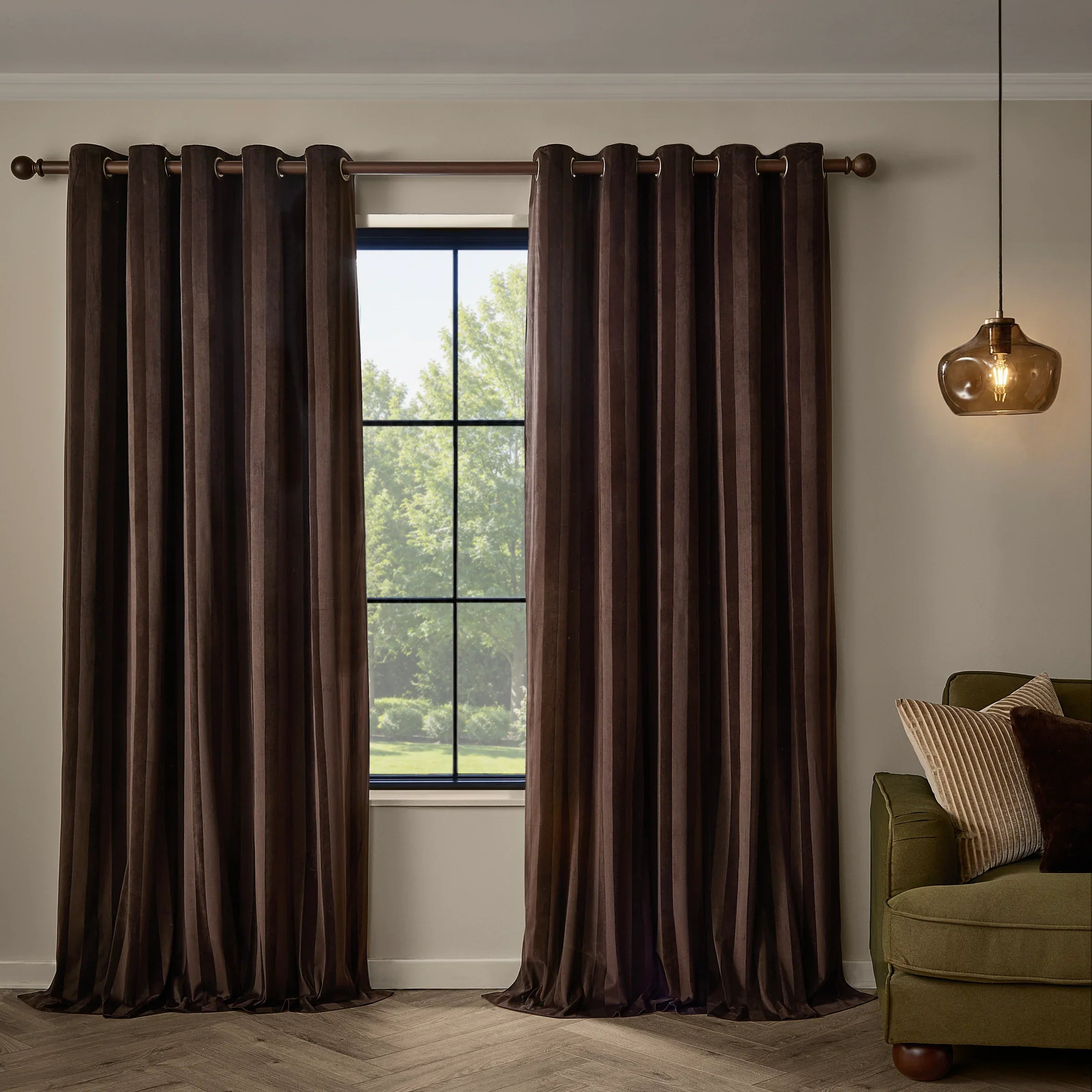 Paoletti (Riva Home) Curtains 168cm x 183cm / Chocolate REGENCY STRIPE VELVET FULLY LINED EYELET CURTAINS by Paoletti