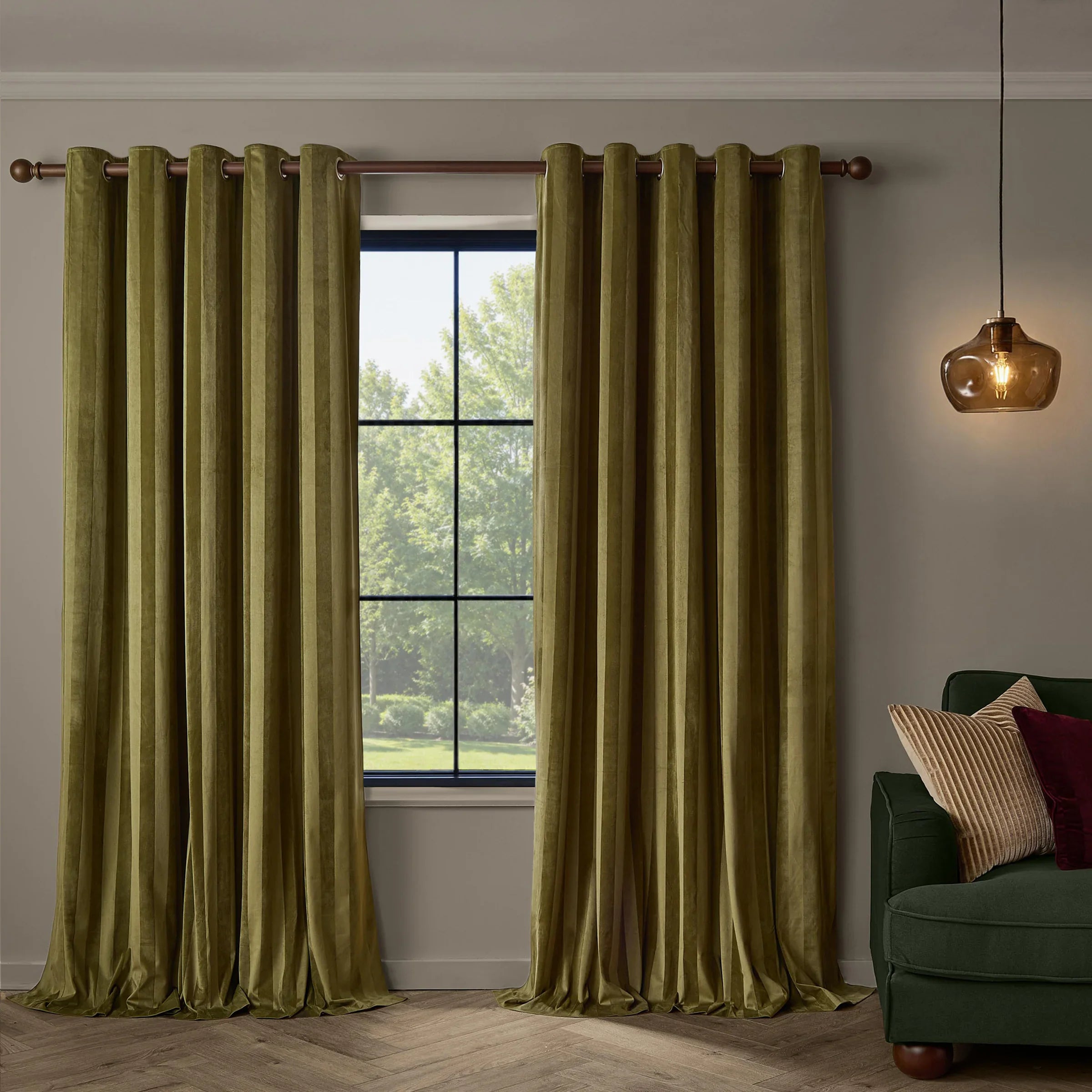 Paoletti (Riva Home) Curtains 168cm x 183cm / Olive REGENCY STRIPE VELVET FULLY LINED EYELET CURTAINS by Paoletti