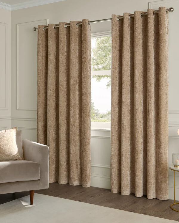 LUSTRE VELVET FULLY LINED EYELET CURTAINS CHAMPAGNE by Paoletti