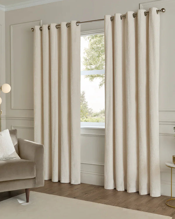 LUSTRE VELVET FULLY LINED EYELET CURTAINS IVORY by Paoletti