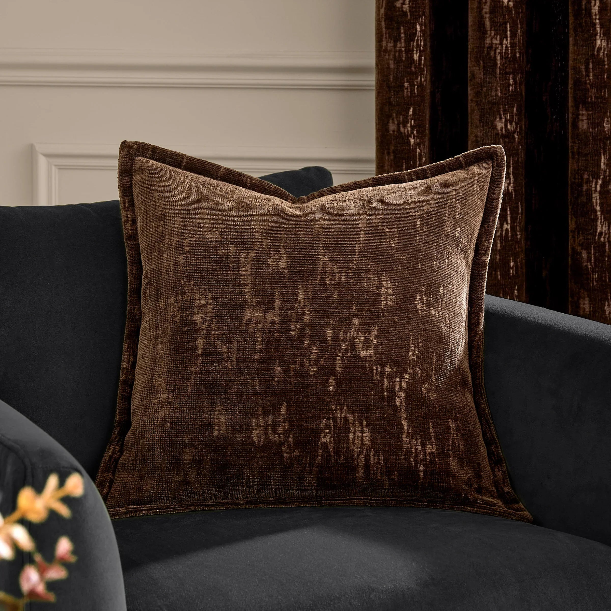 Paoletti (Riva Home) Cushions Chocolate AURELIO CHENILLE JACQUARD FEATHER FILLED CUSHION by Paoletti