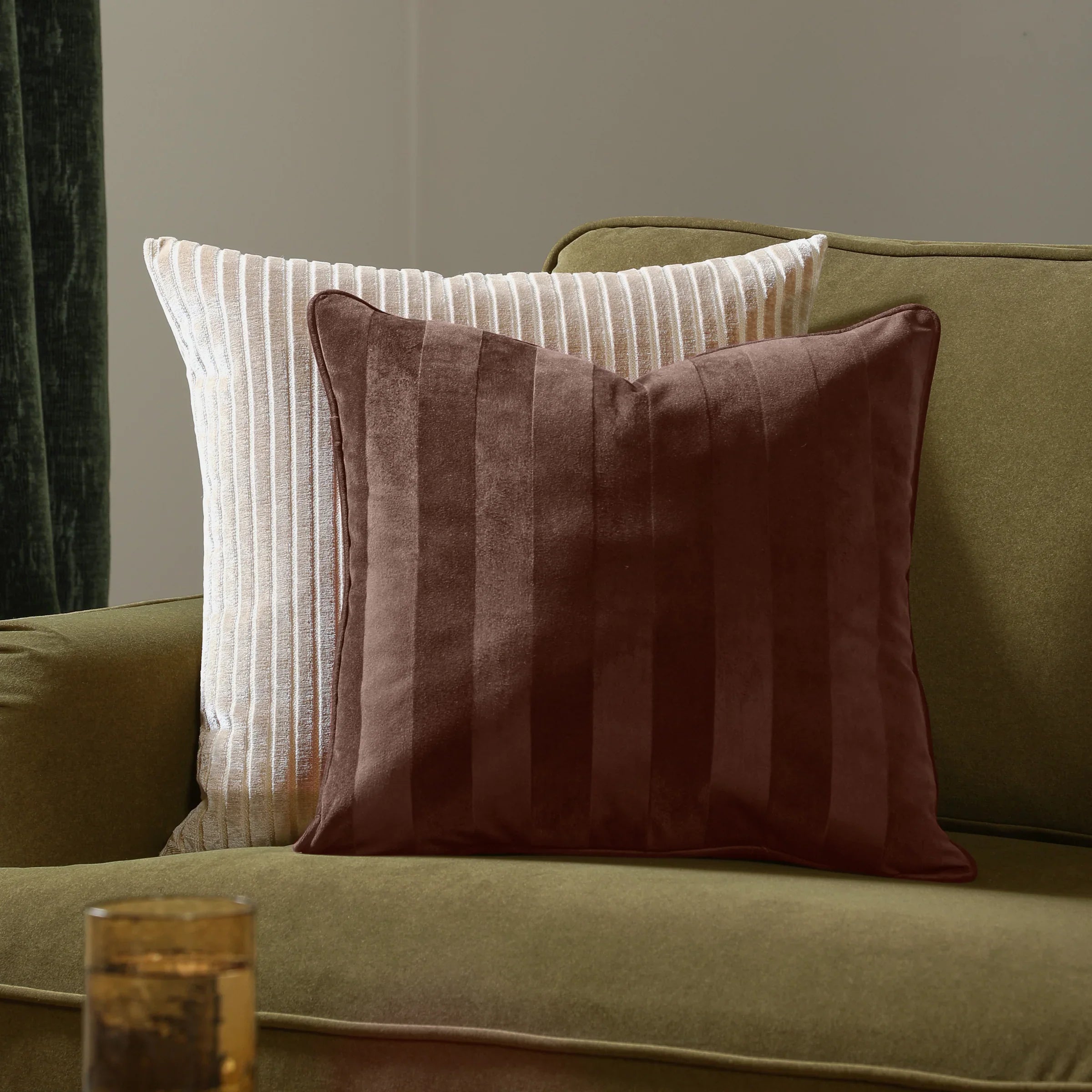 Paoletti (Riva Home) Cushions Chocolate REGENCY STRIPE VELVET CUSHION – FEATHER FILLED by Paoletti
