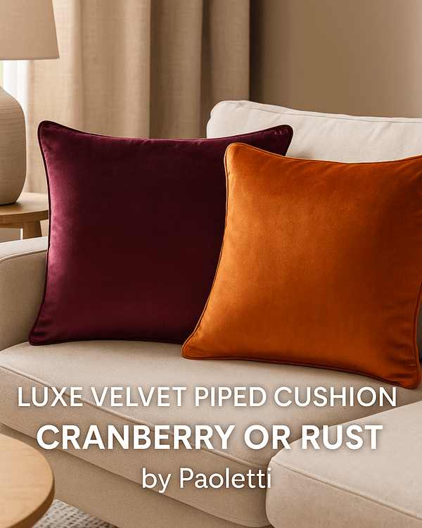 LUXE VELVET PIPED CUSHION – Cranberry or Rust by Paoletti