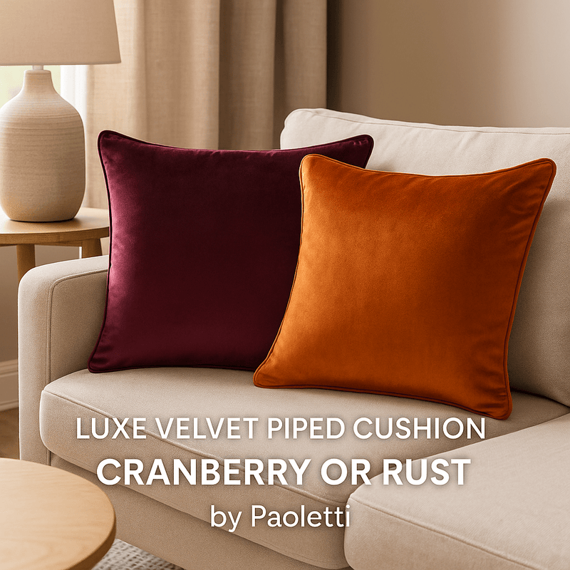 LUXE VELVET PIPED CUSHION – Cranberry or Rust by Paoletti
