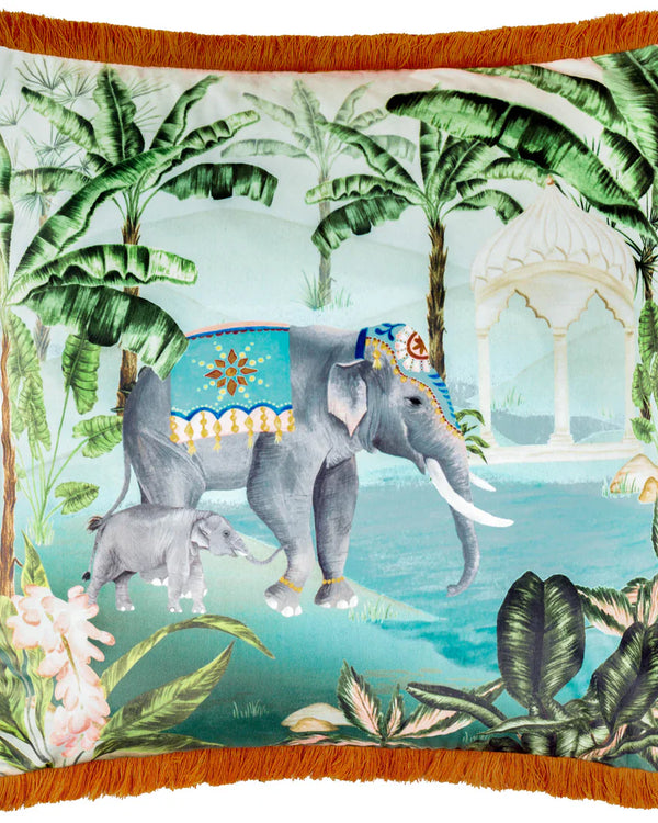 ODISHA SCENE PRINTED VELVET CUSHION MULTICOLOUR by Paoletti.