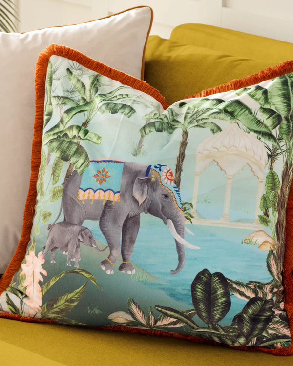 ODISHA SCENE PRINTED VELVET CUSHION MULTICOLOUR by Paoletti.