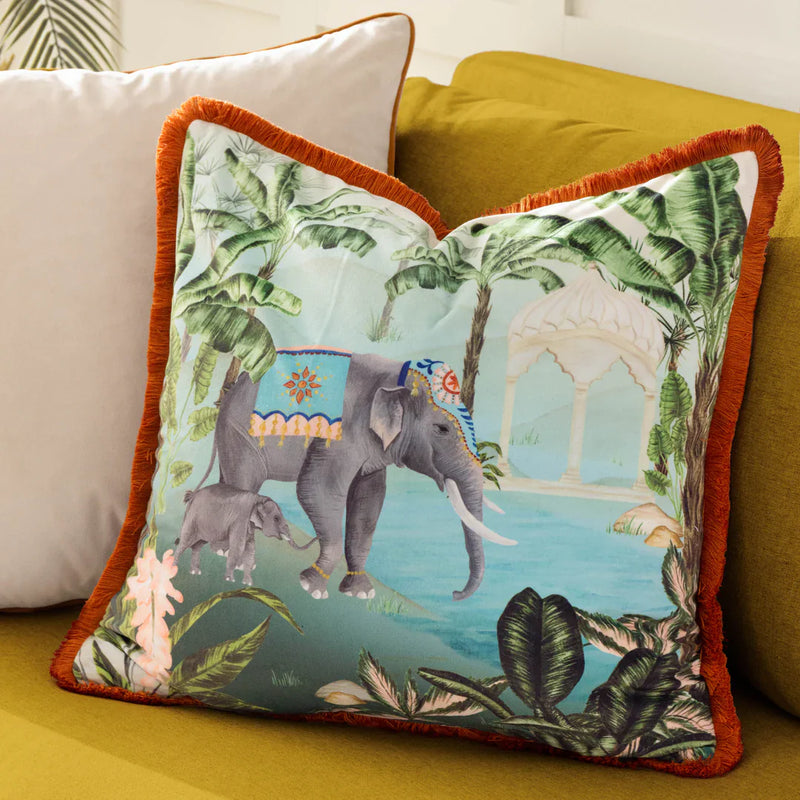 ODISHA SCENE PRINTED VELVET CUSHION MULTICOLOUR by Paoletti.