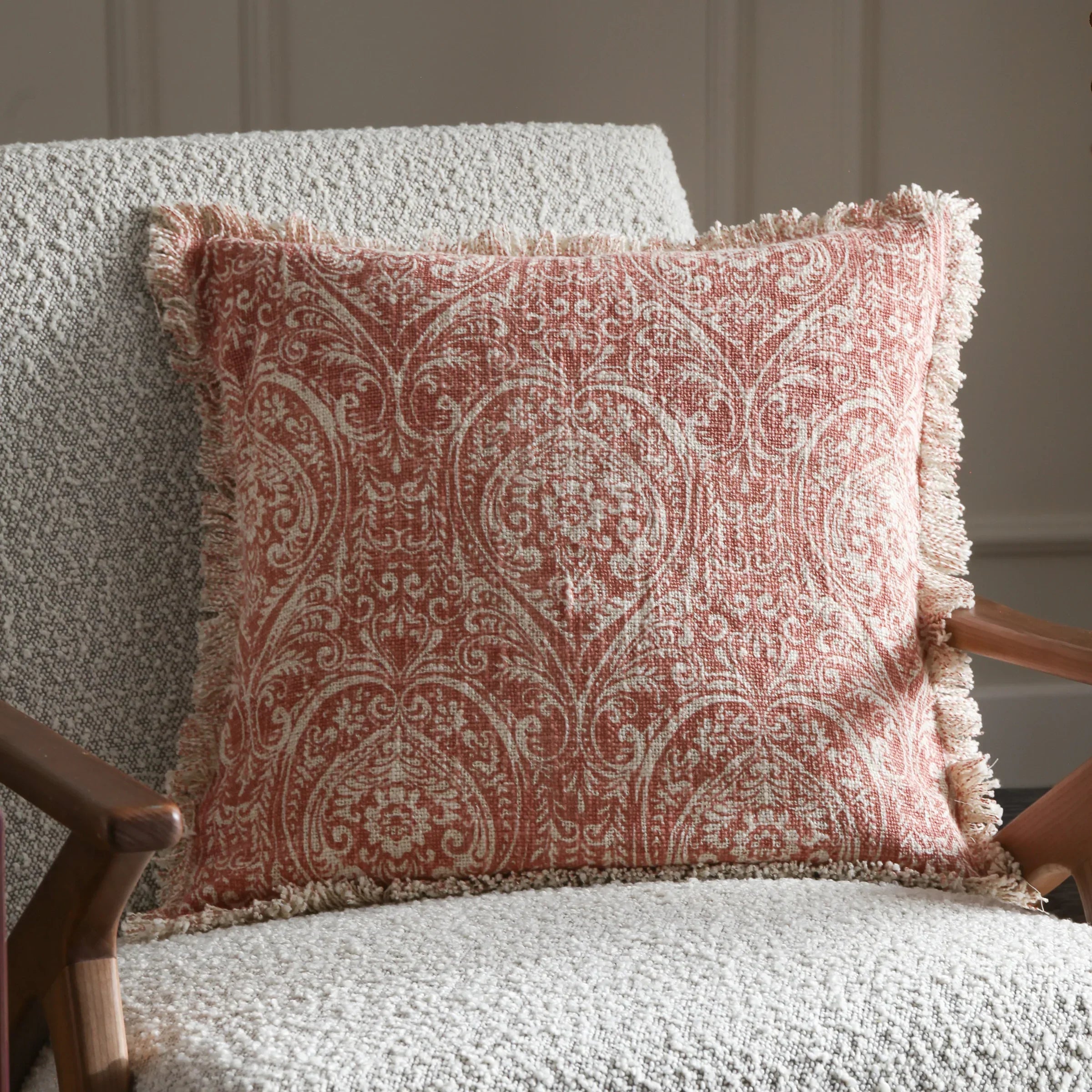Paoletti Seventy Three (Riva Home) Cushions Paoletti - Seventy Three Durelle Damask Fringed Feather Filled Cushion Coral