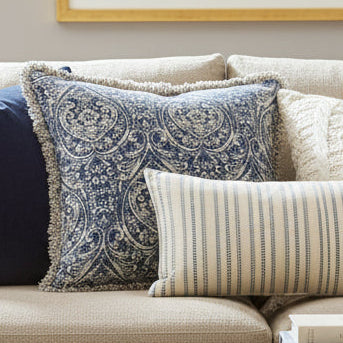 Paoletti Seventy Three (Riva Home) Cushions Paoletti - Seventy Three Durelle Damask Fringed Feather Filled Cushion Delph Blue