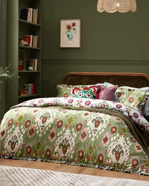 DAWSON IKAT REVERSIBLE DUVET COVER SET CEDAR GREEN | by Paoletti