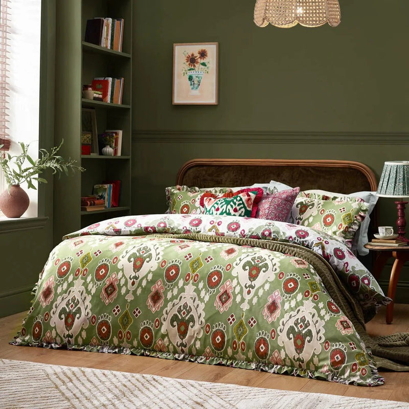 DAWSON IKAT REVERSIBLE DUVET COVER SET CEDAR GREEN | by Paoletti