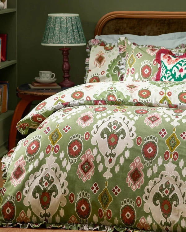DAWSON IKAT REVERSIBLE DUVET COVER SET CEDAR GREEN | by Paoletti