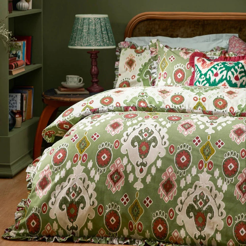 DAWSON IKAT REVERSIBLE DUVET COVER SET CEDAR GREEN | by Paoletti