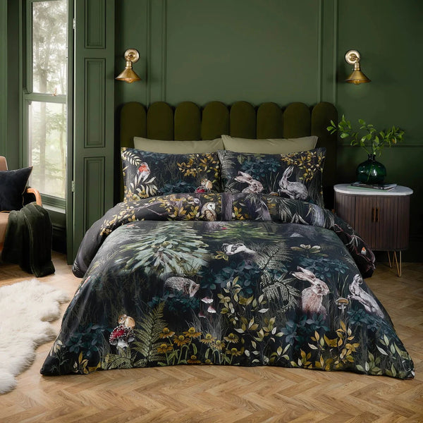 SHERWOOD FOREST 100% COTTON PRINTED DUVET COVER SET FOREST |GREEN/BLACK| by Paoletti