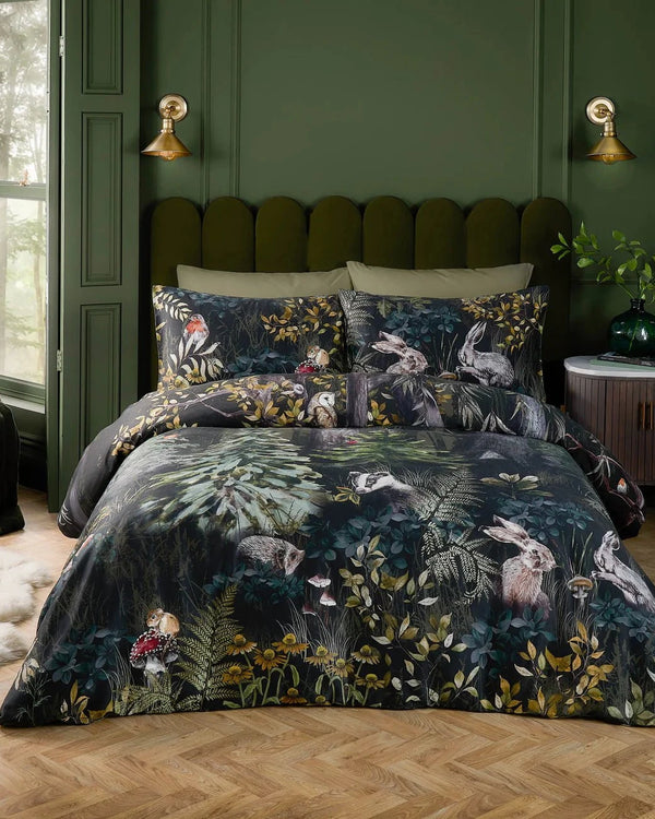 SHERWOOD FOREST 100% COTTON PRINTED DUVET COVER SET FOREST |GREEN/BLACK| by Paoletti