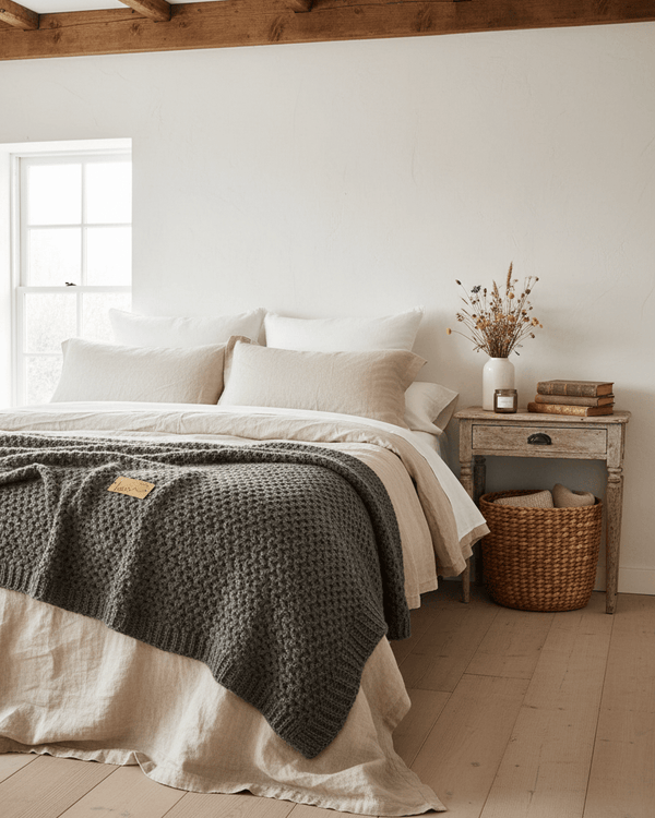 WOOL BLEND RIBBED GREY/BROWN THROW by Essentials