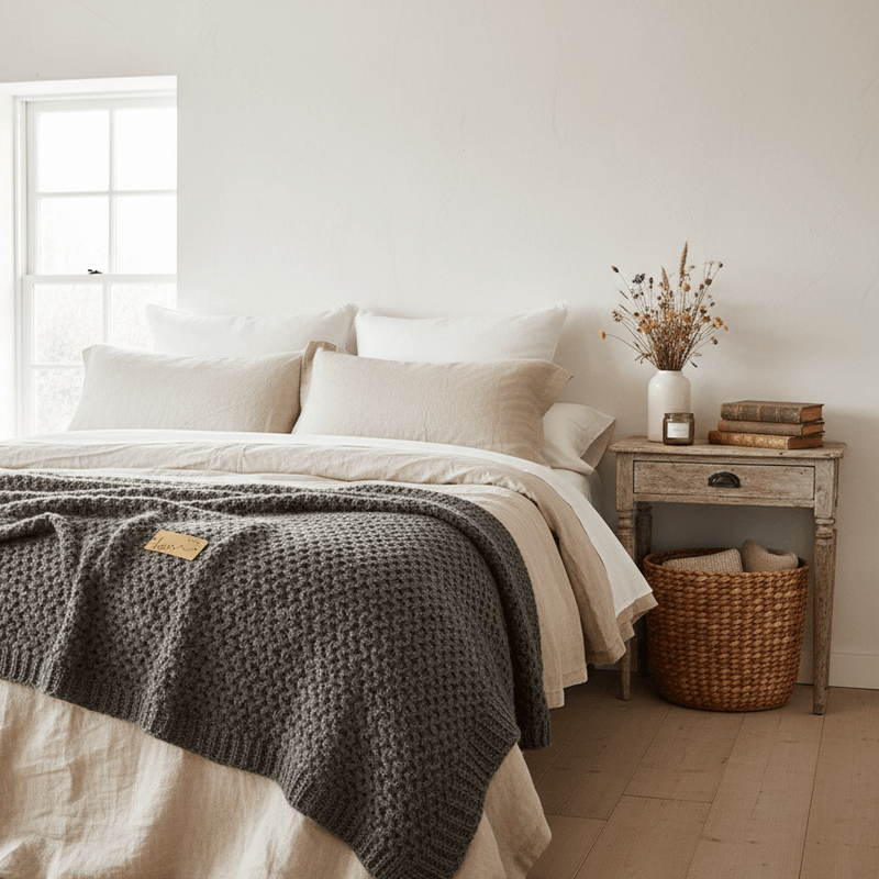 WOOL BLEND RIBBED GREY/BROWN THROW by Essentials