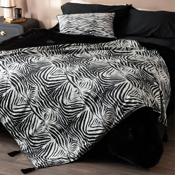 DIRTY ZEBRA TASSELLED VELVET THROW - BLACK  by Rockett St George