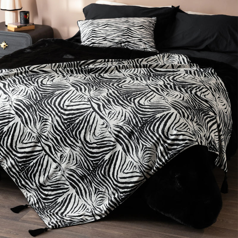 DIRTY ZEBRA TASSELLED VELVET THROW - BLACK  by Rockett St George