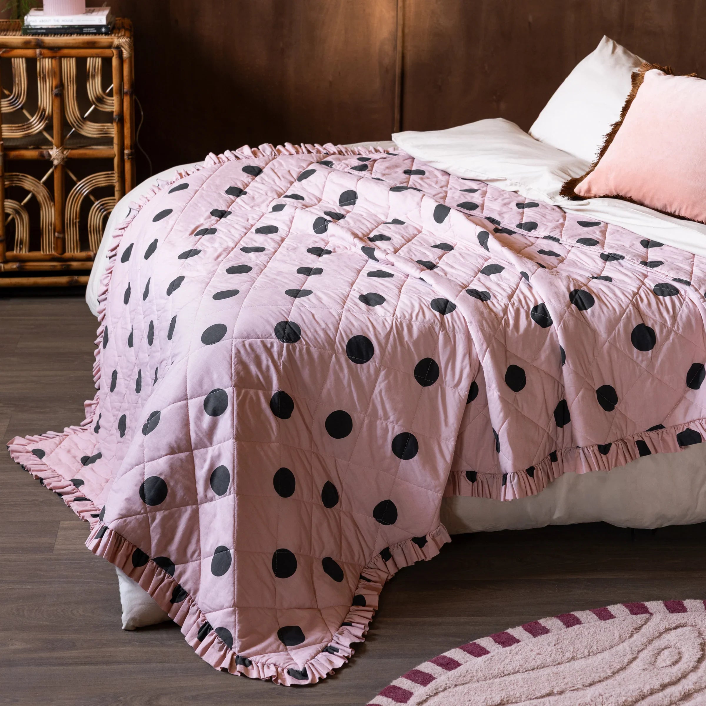 Rockett St George (Riva Home) Bedspread/Throw DOT NOIR FRILLED 100% COTTON BEDSPREAD – PINK by Rockett St George