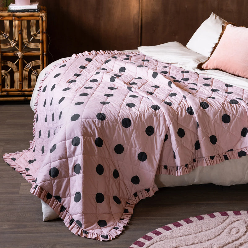 DOT NOIR FRILLED 100% COTTON BEDSPREAD – PINK by Rockett St George