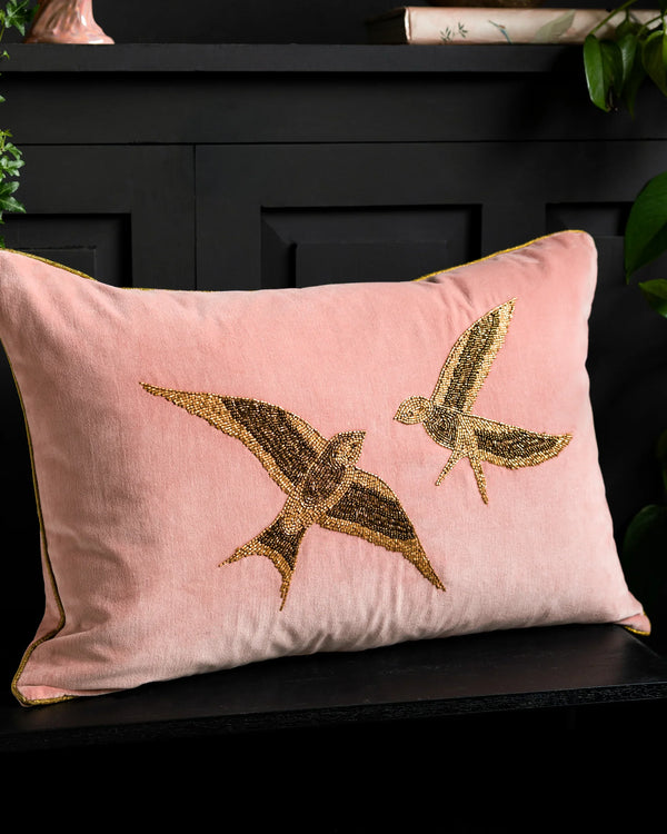 BEADED LOVE BIRDS VELVET CUSHION ROSE  by Rockett St George