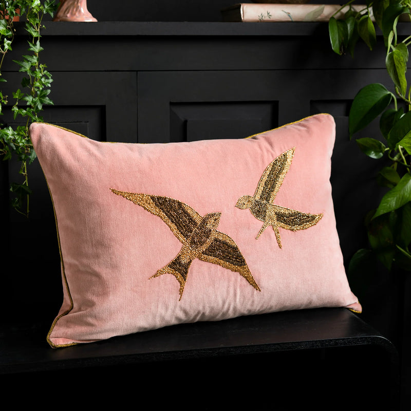 BEADED LOVE BIRDS VELVET CUSHION ROSE  by Rockett St George