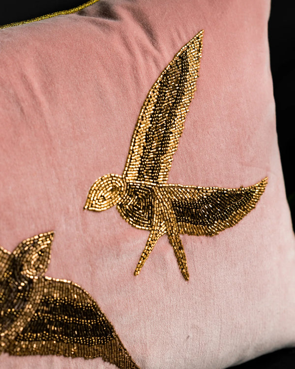 BEADED LOVE BIRDS VELVET CUSHION ROSE  by Rockett St George
