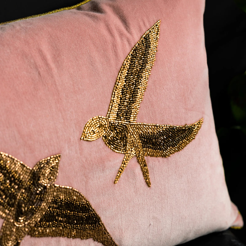 BEADED LOVE BIRDS VELVET CUSHION ROSE  by Rockett St George