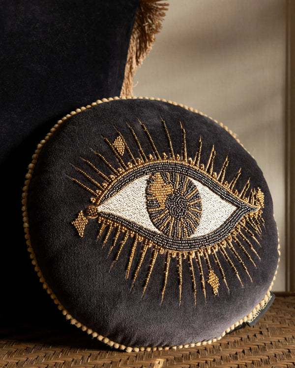 LOOK OF LOVE BEADED EYE VELVET CUSHION BLACK  by Rockett St George