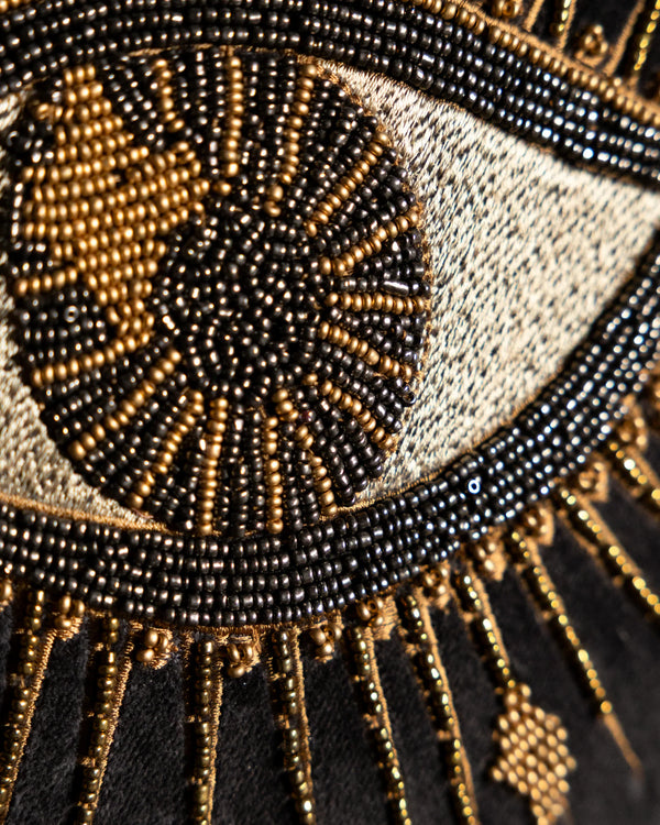 LOOK OF LOVE BEADED EYE VELVET CUSHION BLACK  by Rockett St George