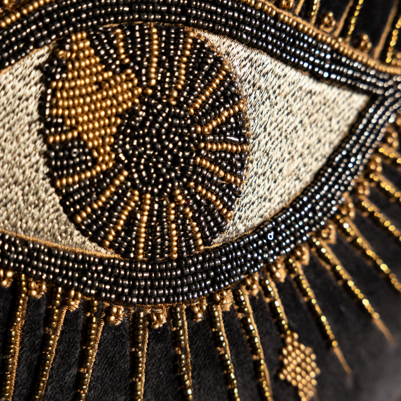 LOOK OF LOVE BEADED EYE VELVET CUSHION BLACK  by Rockett St George