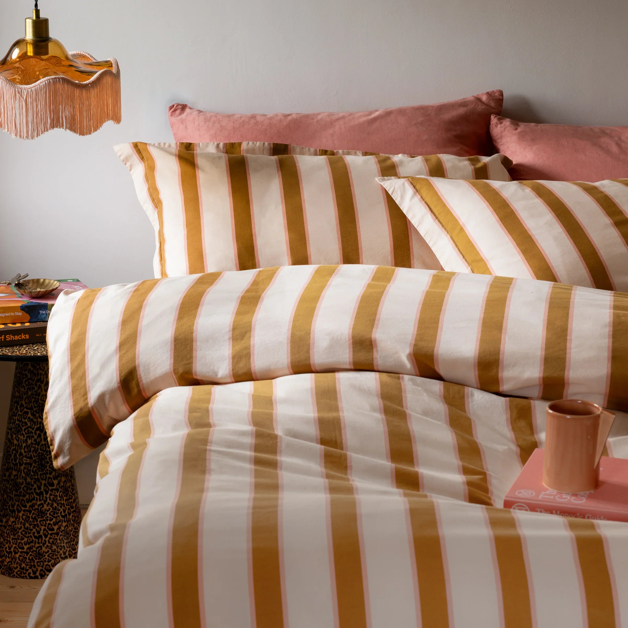 Rockett St George (Riva Home) Duvet Cover set CHARLESTON STRIPE PRINTED 100% COTTON DUVET COVER SET – PINK / OCHRE