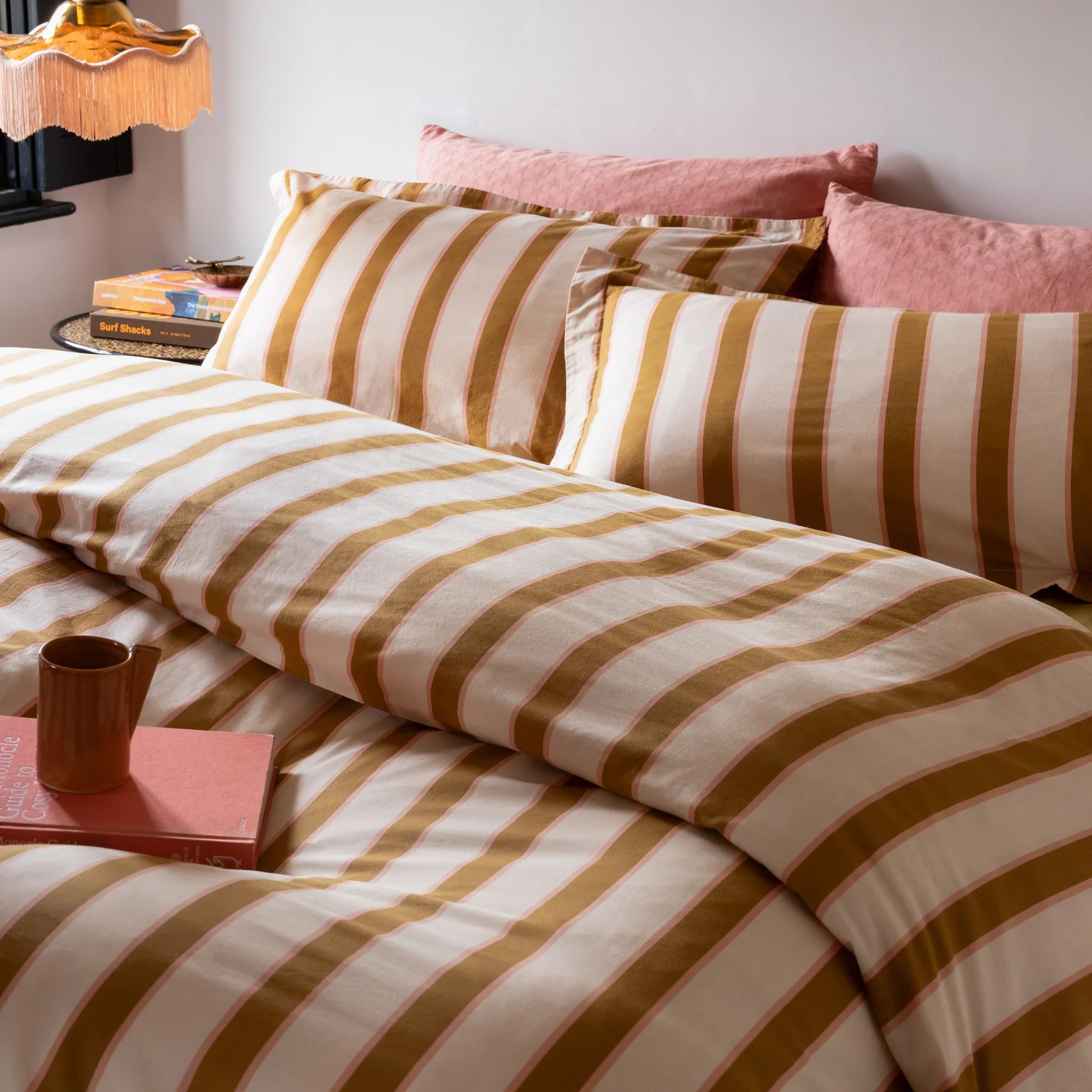 Rockett St George (Riva Home) Duvet Cover set CHARLESTON STRIPE PRINTED 100% COTTON DUVET COVER SET – PINK / OCHRE