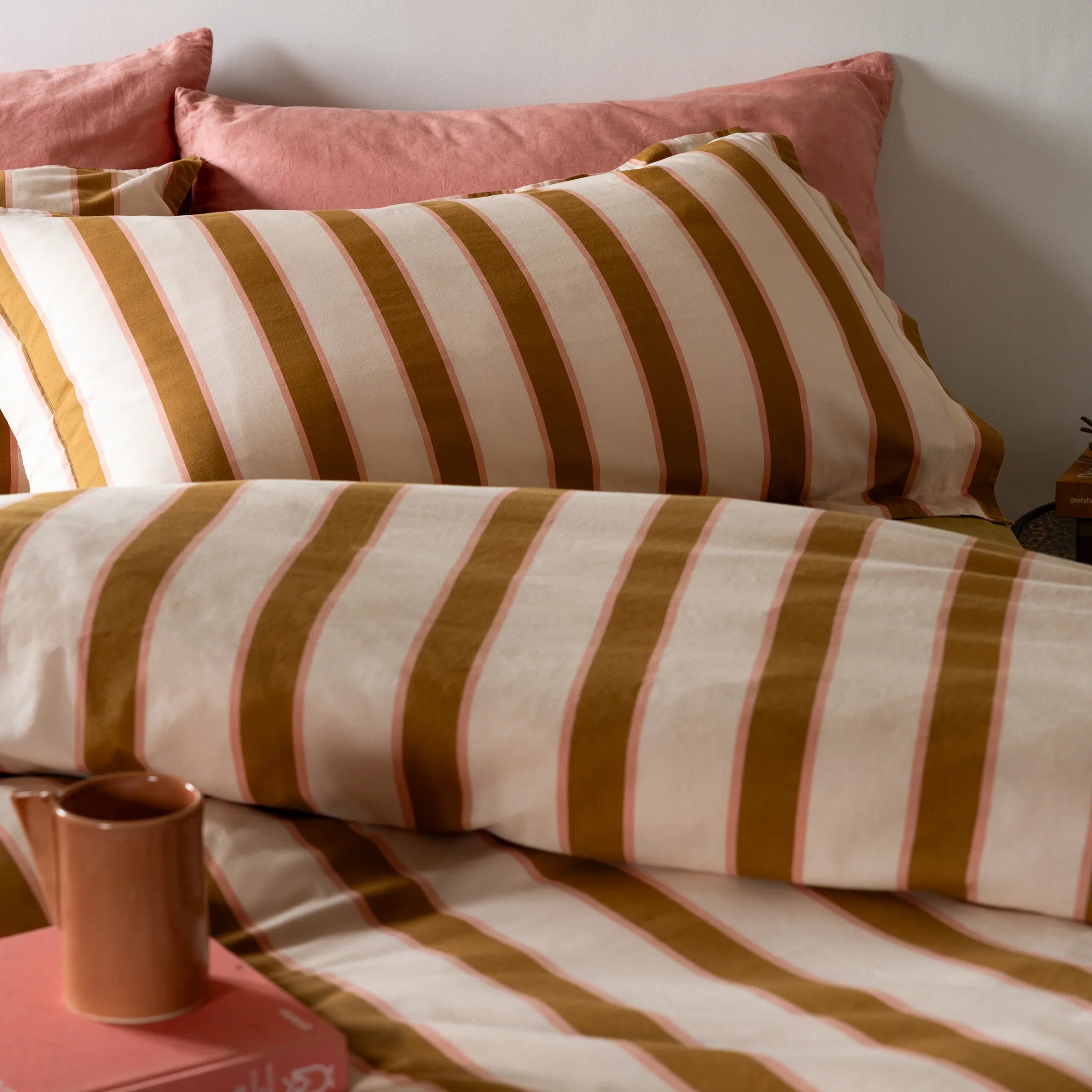 Rockett St George (Riva Home) Duvet Cover set CHARLESTON STRIPE PRINTED 100% COTTON DUVET COVER SET – PINK / OCHRE