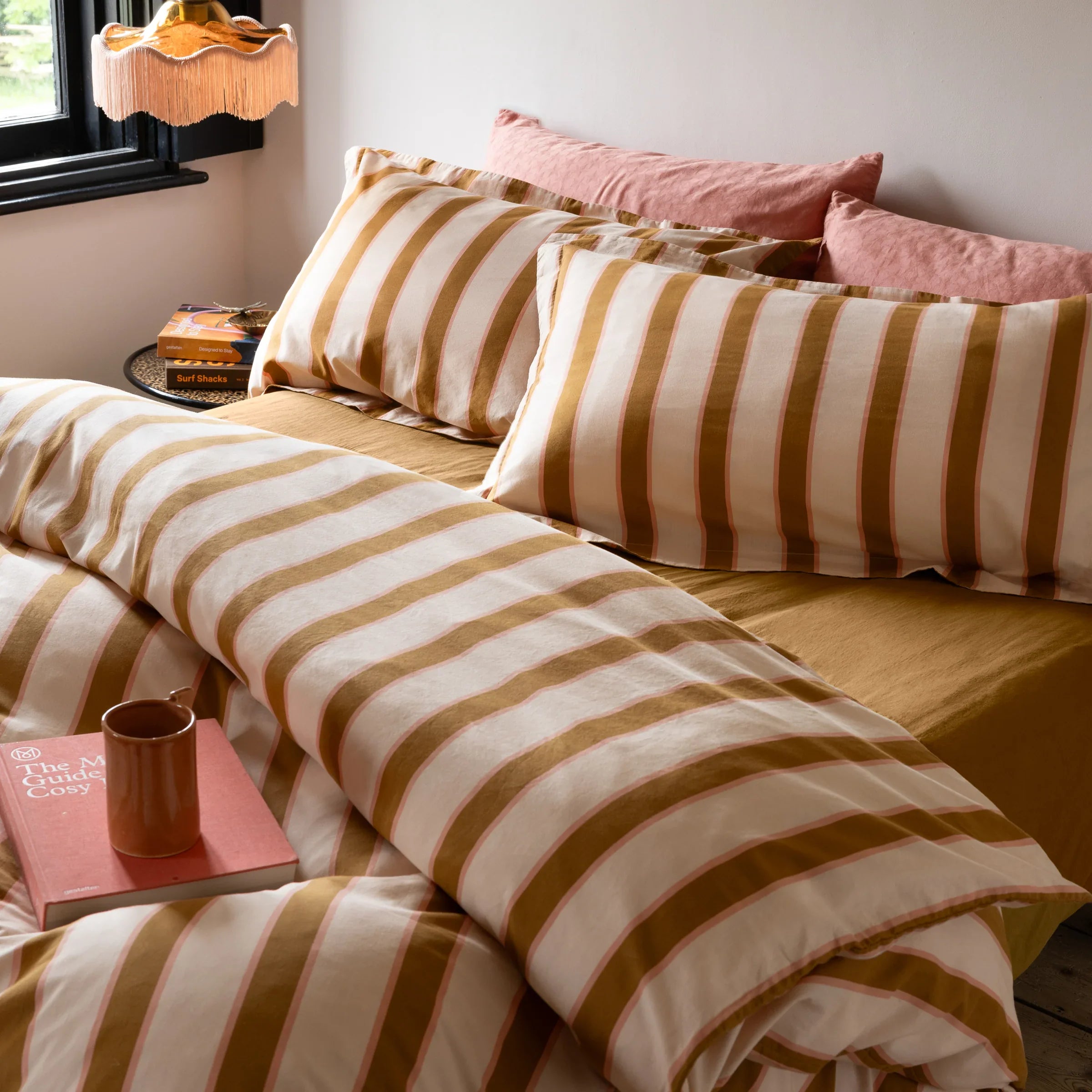 Rockett St George (Riva Home) Duvet Cover set CHARLESTON STRIPE PRINTED 100% COTTON DUVET COVER SET – PINK / OCHRE