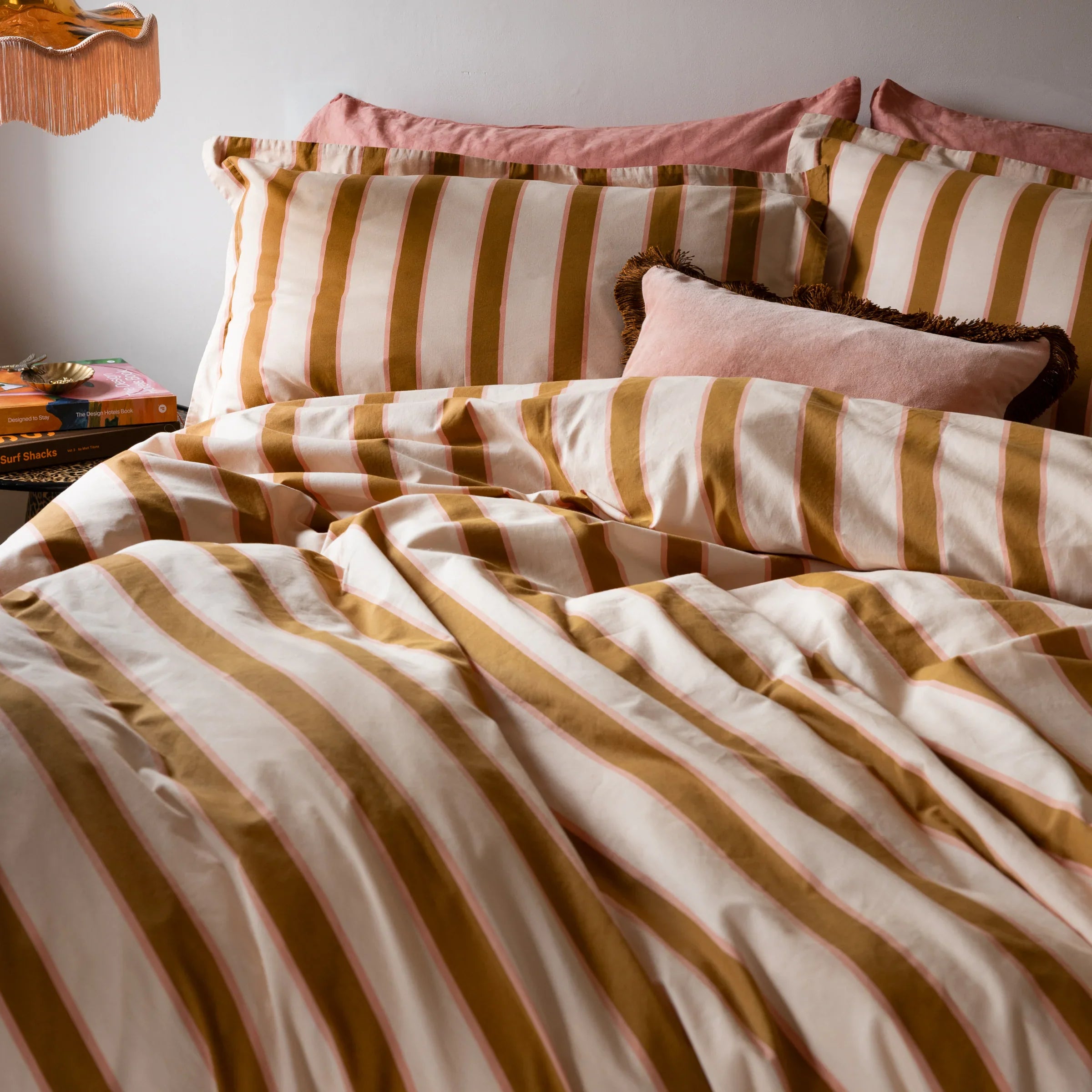 Rockett St George (Riva Home) Duvet Cover set CHARLESTON STRIPE PRINTED 100% COTTON DUVET COVER SET – PINK / OCHRE