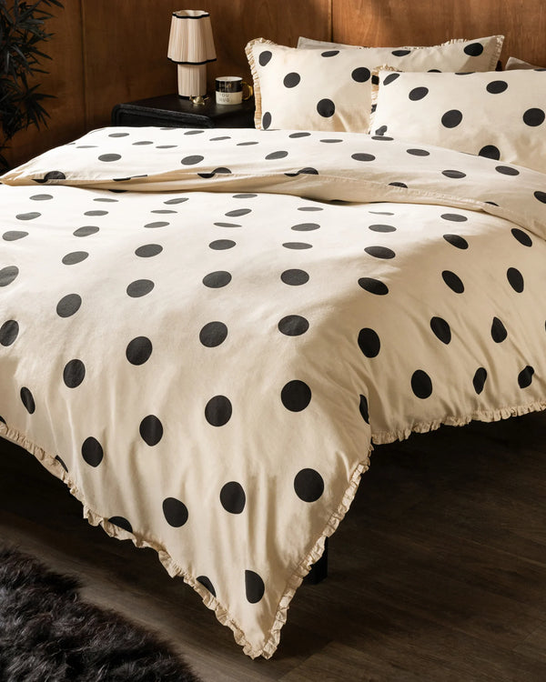 DOT NOIR FRILLED COTTON DUVET COVER SET BUTTERMILK YELLOW  by Rockett St George