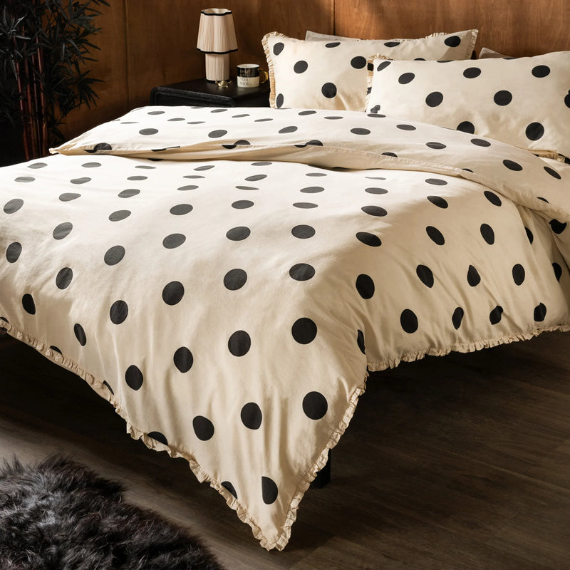 DOT NOIR FRILLED COTTON DUVET COVER SET BUTTERMILK YELLOW  by Rockett St George