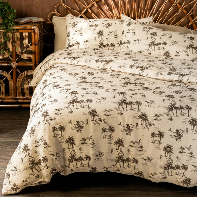 PALM PARTY PRINTED 100% COTTON MUSLIN DUVET COVER SET – CREAM by Rockett St George