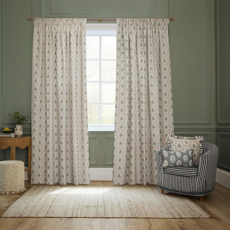ADELE FLORAL CHENILLE PENCIL PLEAT CURTAINS – FLAX by Sanderson