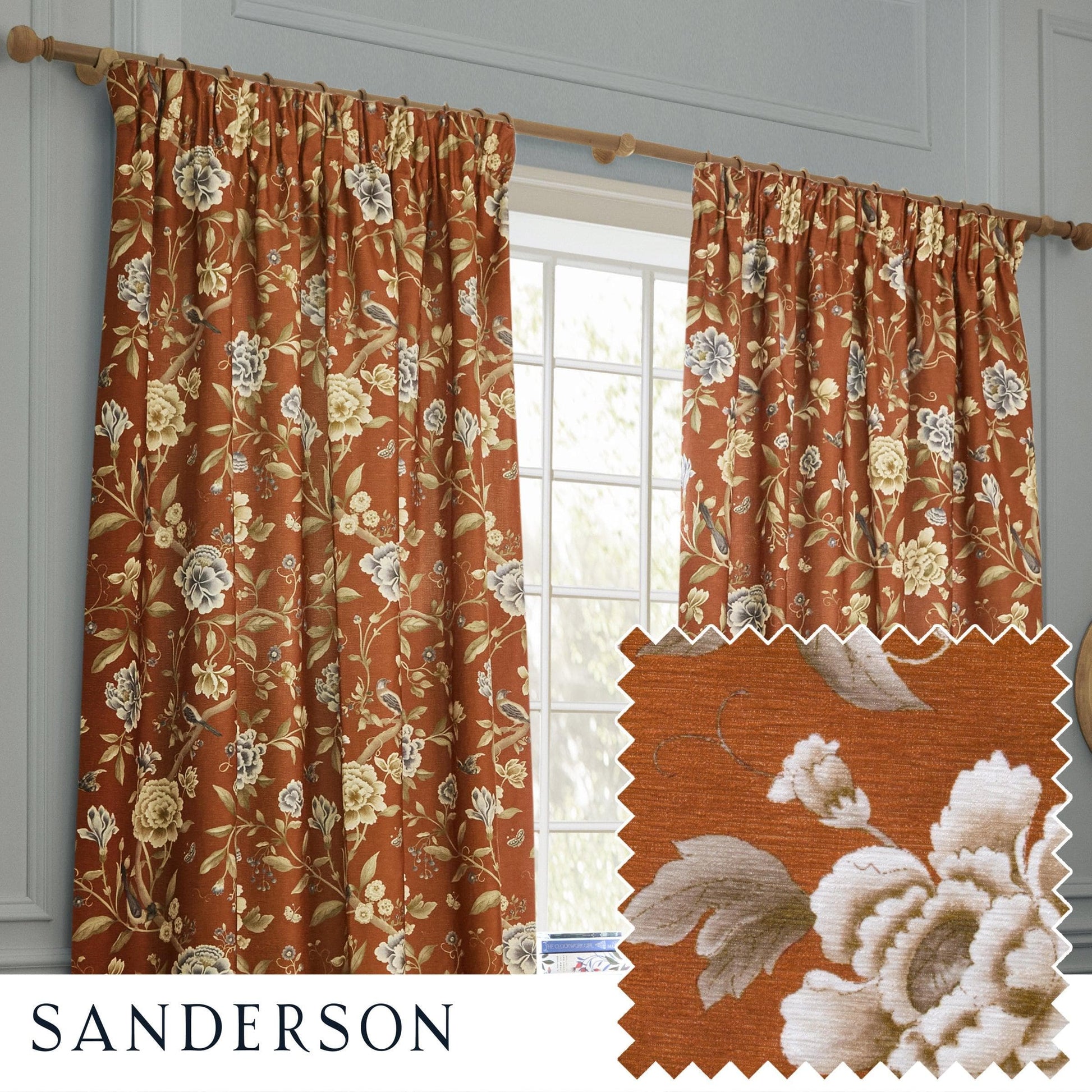 Sanderson (Riva Home) Sanderson Curtains Sanderson Porcelain Garden Printed Chenille Pencil Pleat Curtains